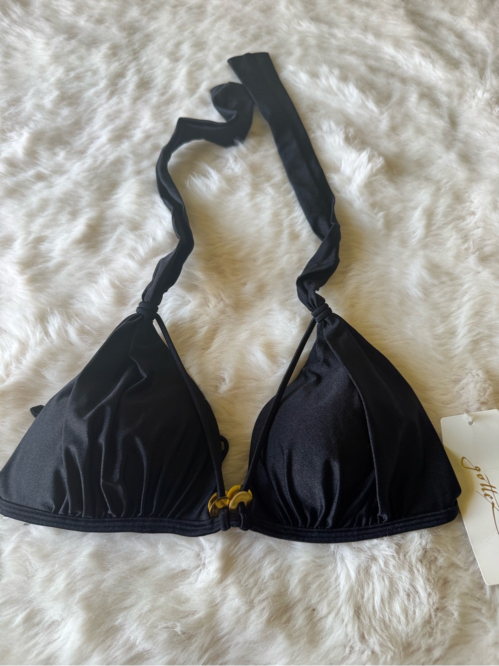 Gottex Black Halter Bikini Top with Gold Accent Ring